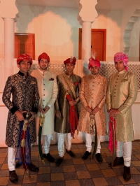 Tikka Pratyakshsinh Parmar of Muli with Yuvraj Jaidev Singh of Kotah, Yuvraj Vivasvat Pal Deo of Karauli, Yuvraj Manvendra Pratap Singh of Alwar and Yuvraj Vrishankaditya Parmar of Santrampur