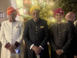 Maharaj Daivat Singh of Sirohi with Maharao Hanvantsinhji Jadeja of Kutch and Yuvaraj Diyavraj Singh of Rewa.